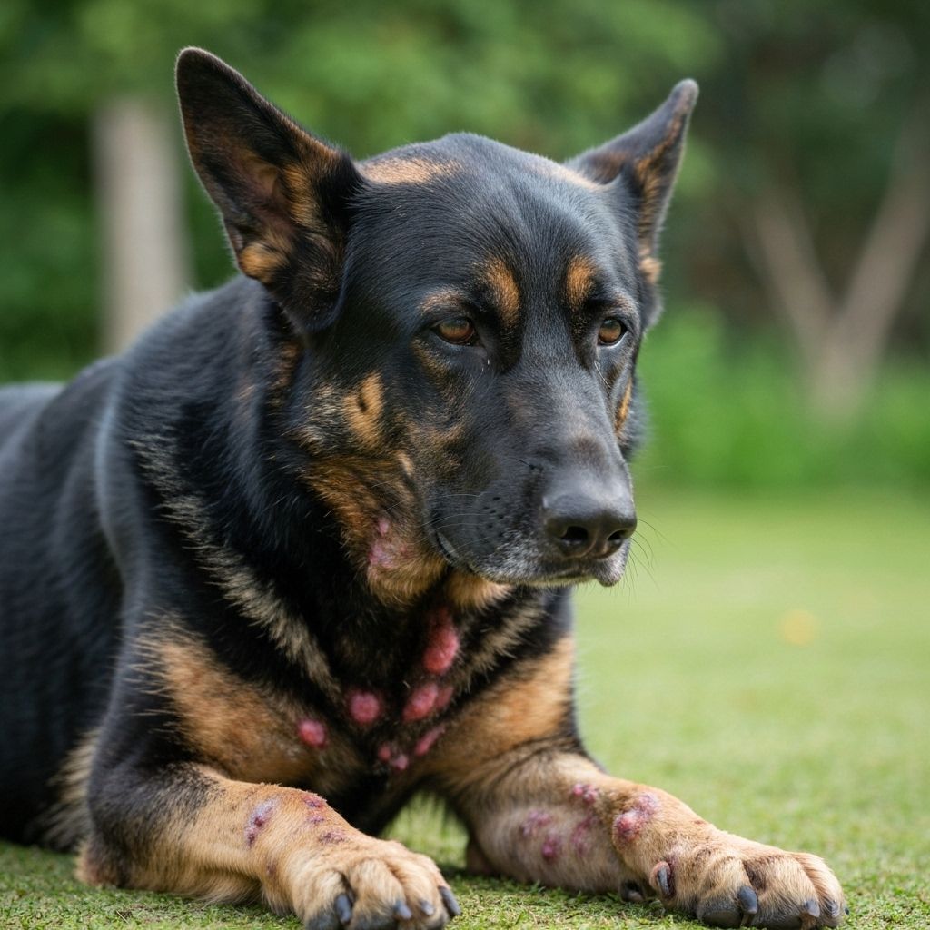 German Shepherd showing common allergy symptoms including skin irritation