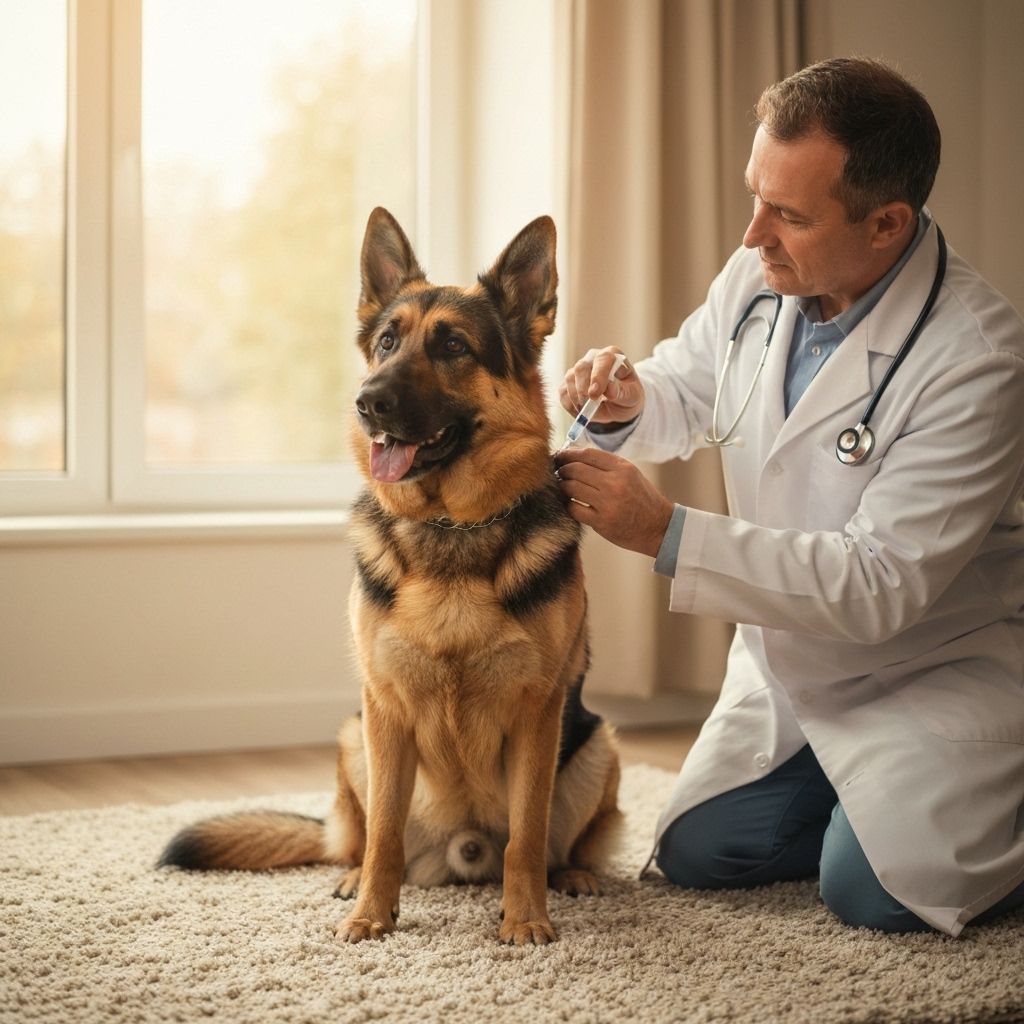 German Shepherd receiving allergy treatment and medication