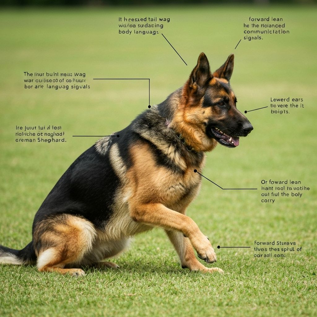 German Shepherd displaying various body language signals and communication cues