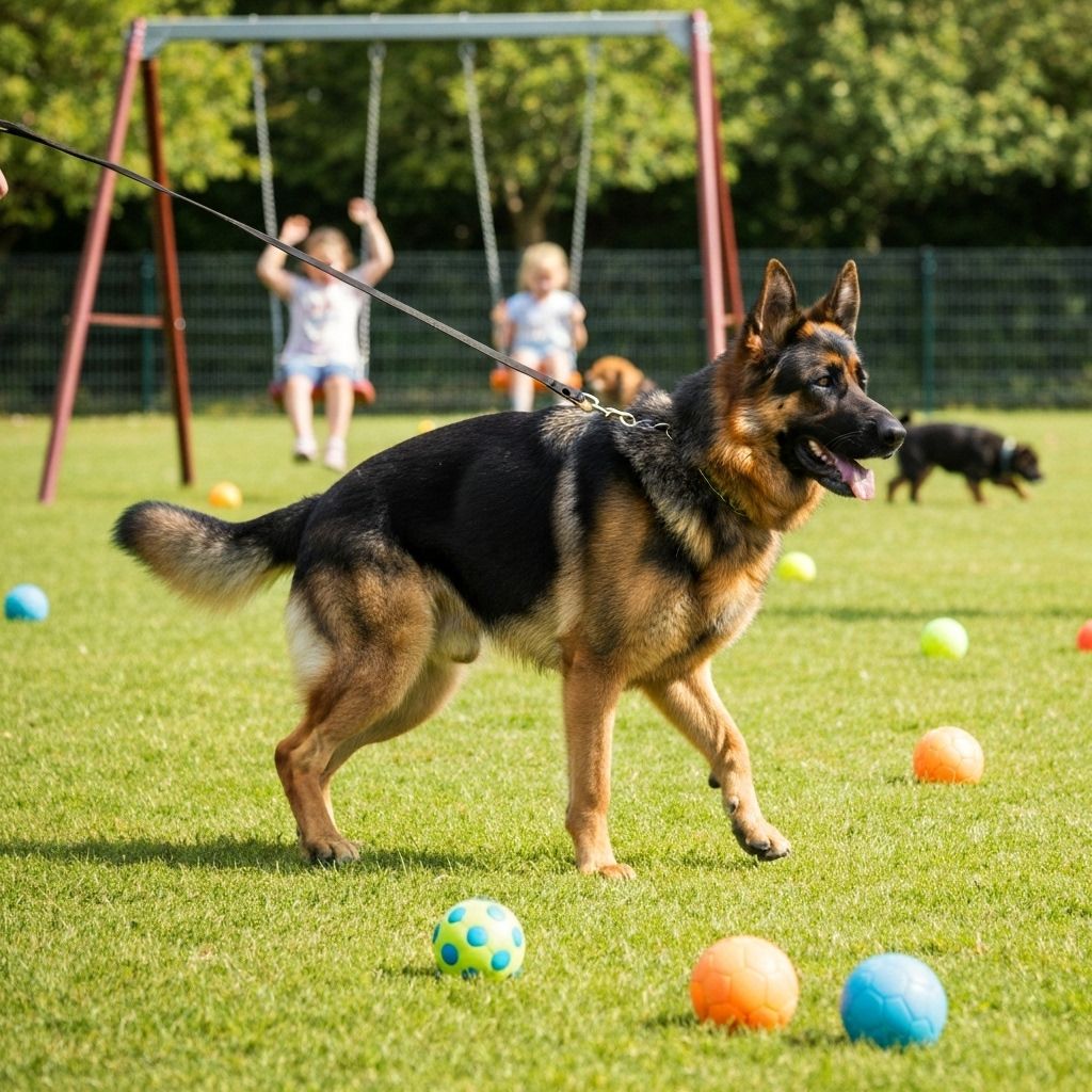 German Shepherd maintaining focus during leash training with distractions
