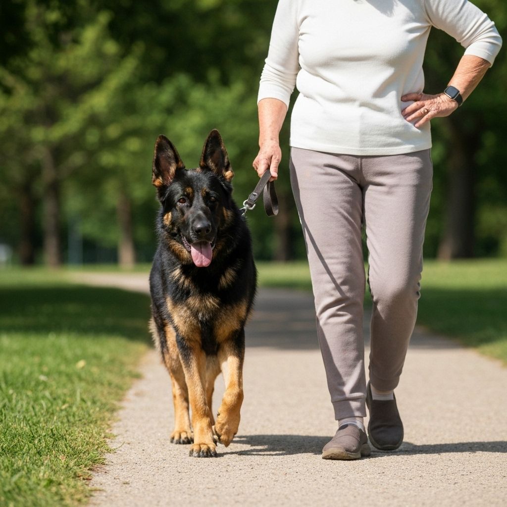 German Shepherd walking calmly on loose leash
