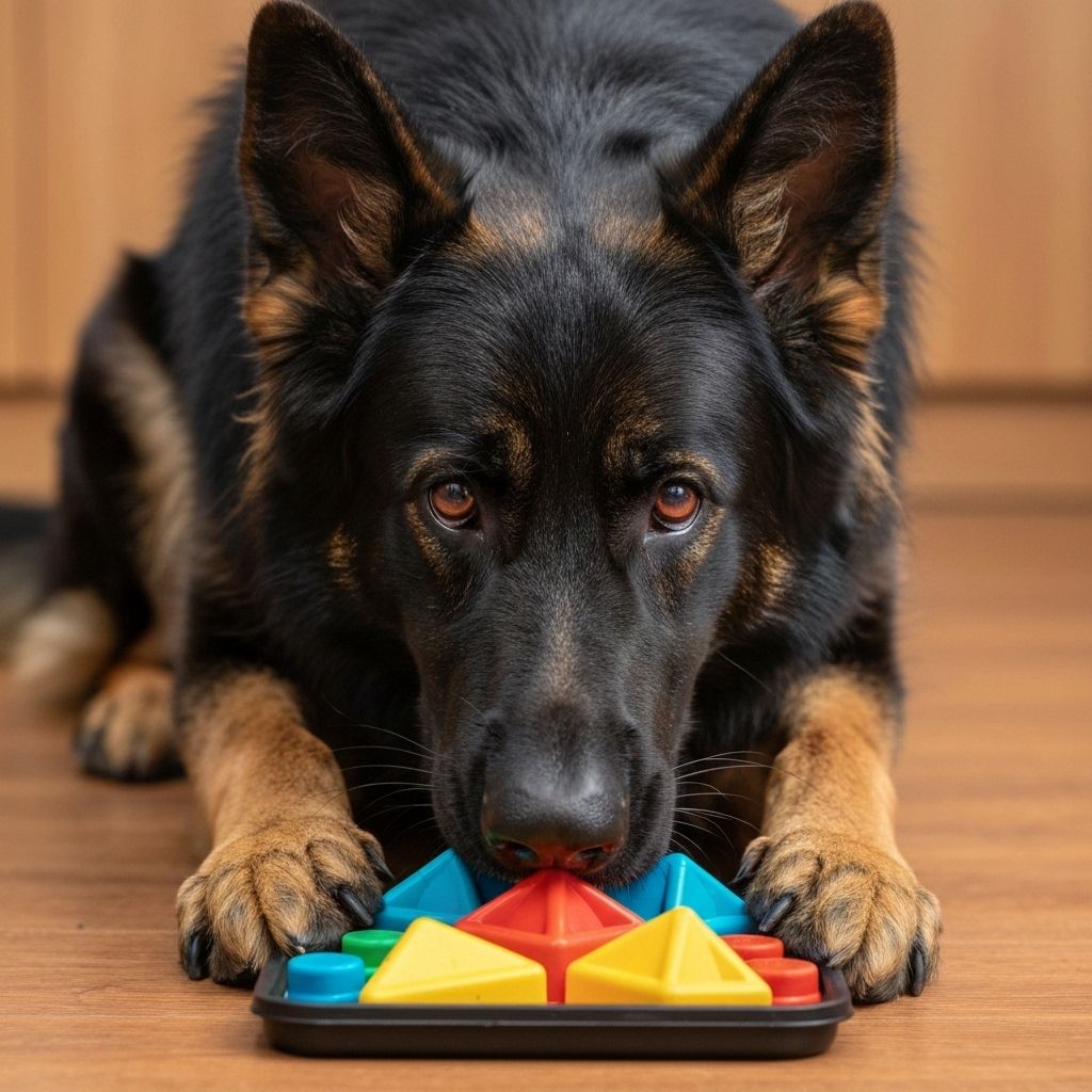 German Shepherd engaged in mental stimulation puzzle toy