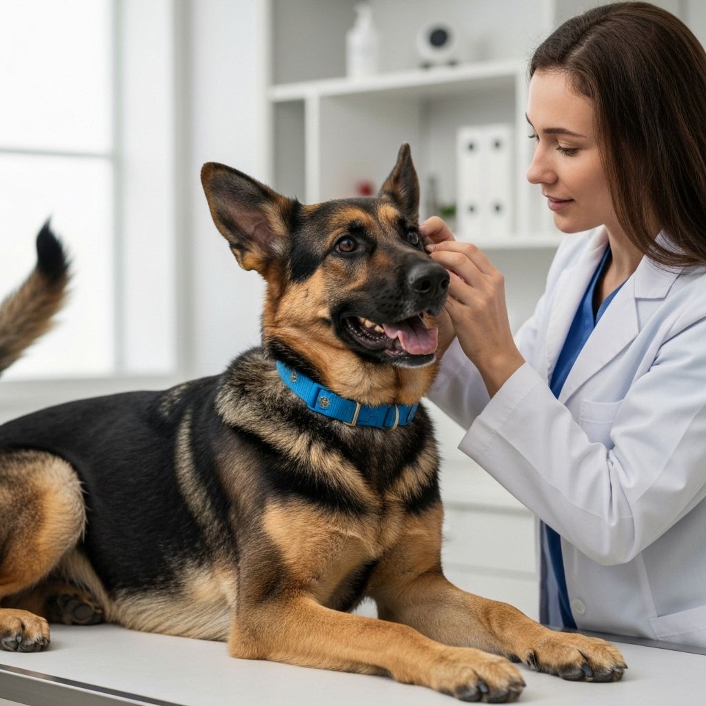 Happy healthy German Shepherd receiving preventive veterinary care