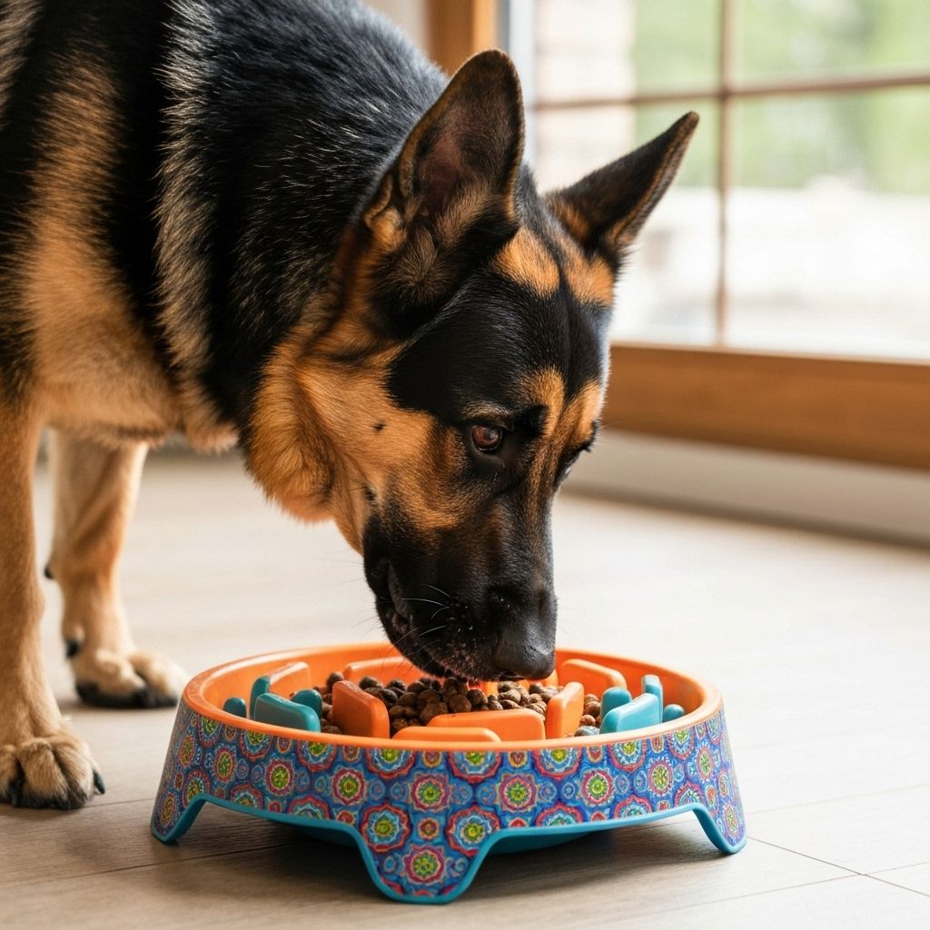 German Shepherd eating from slow feeder bowl to prevent rapid eating and bloat