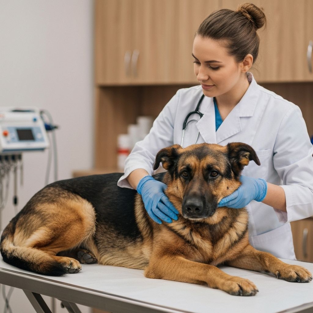 Veterinarian performing neurological examination on German Shepherd for DM diagnosis
