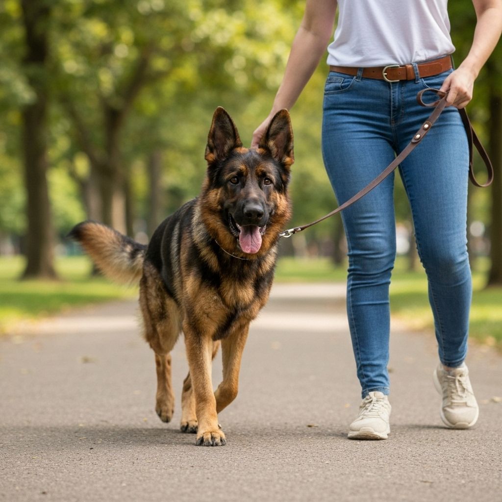Happy German Shepherd enjoying a walk with perfect leash manners